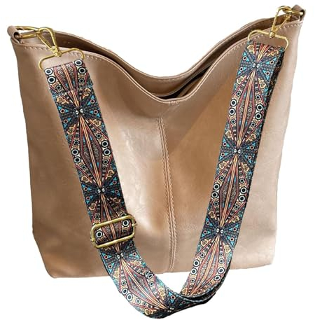 HAIWILL Umhängetasche Damen Große Crossbody Bag Damen mit Breiter Gurt Leder Hobo Bag Shopper Tasche Retro Schultertasche Handtasche für Alltag, Büro, Schulausflug und Einkauf (Beige)