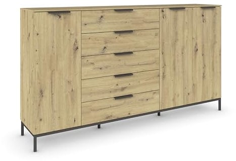 Rauch Möbel Flipp, Kombikommode, Kommode mit Stauraum für Wohnzimmer, Schlafzimmer, Flur, 4 Fachböden, mit Metallkufe graphit, Eiche Artisan, Holz, 3-türig, 5 Schubladen, Griffe graphit, 199x111x42cm
