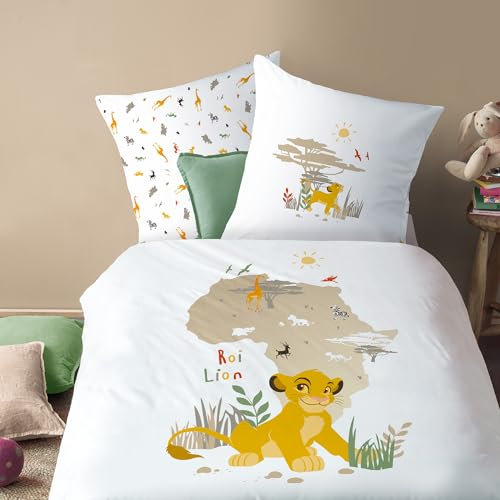 Disney Home The Lion King Brousse Parure de lit Enfant 1 Personne | 100% Coton | Oeko-TEX | Housse de Couette 140x200 cm + Taie d'oreiller 63x63 cm | Imprimé Réversible | Blanc