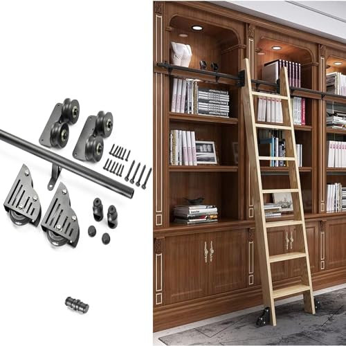 GLFNB Rollendes Bibliotheksleiter-Hardware-Kit, Schiebeleiter-Schienen-Kit, rustikales schwarzes Rundrohr-Mobilleiter-Schienensystem + Bodenrolle mit Bremse (ohne Leiter) (Größe: 26,2 Fuß/800 cm S