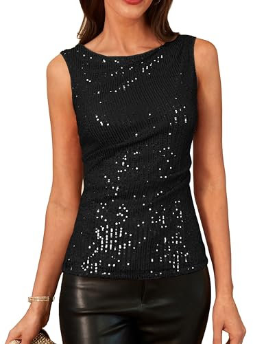 GRACE KARIN Damen Glitzer Pailletten Tops zum Ausgehen Ärmelloses Rundhals Tanktop Weste für den Abend Schwarz XL