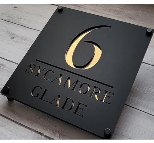 Letrero Personalizado Exterior,Números Para Casas,Placa De Dirección Personalizada,Modernos Gris Antracita Numeros Casa Exterior Acrilico Personalizado 3D Cortado Con Láser (30 * 30cm,Oro Negro)