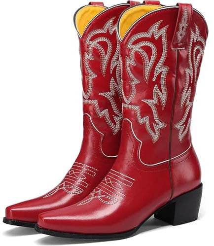 WEHAM Rosso,41,Stivali Western Ricamati da Donna, Stivali da Cowboy con Tacco Grosso al Polpaccio, Stivali al Polpaccio retrò a Punta Nero Rosso alla Moda