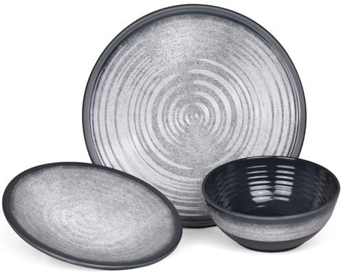 Camping Geschirr Set 1 Person 3-teilig | Melamin | Picknick Geschirrset | Campinggeschirr Stone Grey Design