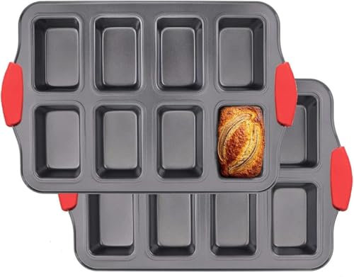 2 Pack Mini Loaf Pan, 8 Cavity Non-Stick Mini Baking Tin, Carbon Steel Mini Bread Pan, Bread Baking Mold with Silicone Handle, Loaf Baking Tray for Brownie,Cornbread, Cheesecake