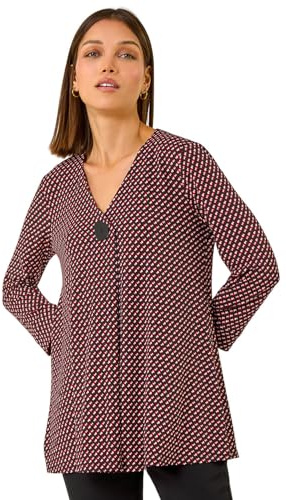 Roman Originals Shirt for Women UK Ladies Longline Top Collarless Blouse Smart Tunic Casual Evening Relaxed Fit 3/4 Length Sleeve Notch V Neck Long - Red Black - Size 12