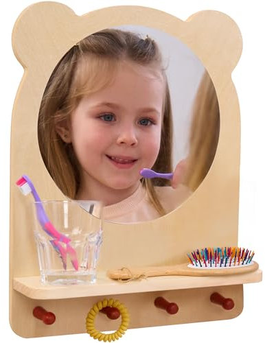 ODOXIA Station de Bain Montessori pour Enfants | Miroir Montessori Bébé avec Tablette et Crochets | Miroir Salle de Bain avec Tablette | Organisateur Mural pour Apprendre l’Autonomie