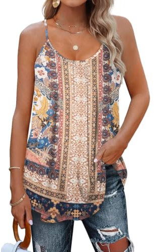 SENBATU Débardeur Femme Bretelles Spaghetti sans Manches Hauts D'été Femme Plissé Col Rond Chemisier À Fleurs bohème Rose Moyen M 38-40