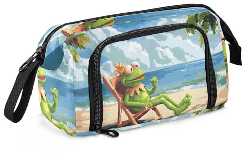 Mnsruu Federmäppchen mit großem Fassungsvermögen, Kermit der Frosch, zum Entspannen am Strand, Stiftebeutel, Schreibwaren-Tasche, Schule, Uni, Büro, Organizer für Teenager, Erwachsene, Studenten,