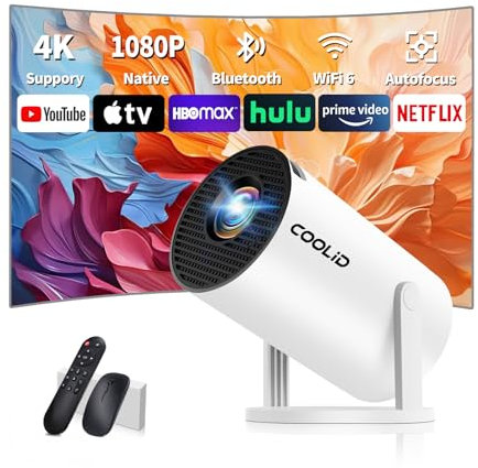 Mini Vidéoprojecteur 1080P avec WiFi 6 BT 5.4, Portable Projecteur 4K avec Android TV, Projecteur Video Supporté pour Correction Trapézoïdale Automatique, 270° Rotation, avec HDMI et Souris, Blan