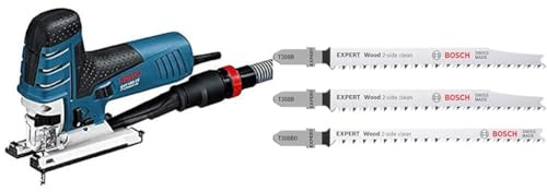 Bosch GST 150 CE Professional - Power jigsaws + 3x EXPERT Wood 2-side clean Jigsaw Blade Set (for Solid wood furniture board, Plywood, Length 117 mm, Accessory Jigsaw)
