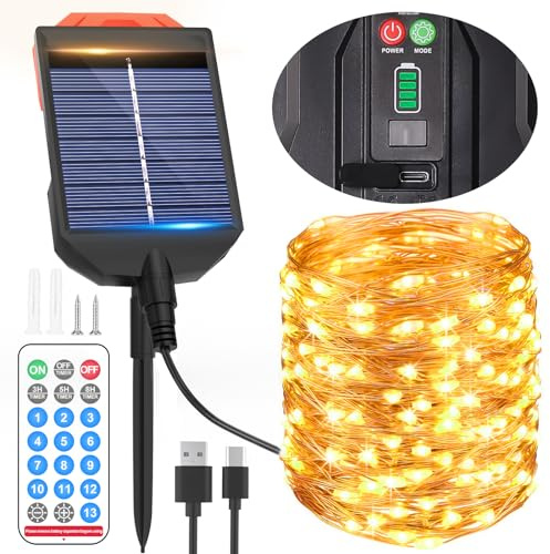 Luci Solari Esterno con connettore Type-C, 30m 300 LED Catena Luminosa Esterno Solare con 13 modalità, telecomando e timer, luci da esterno giardino solari impermeabile IP65 per il giardino e le feste