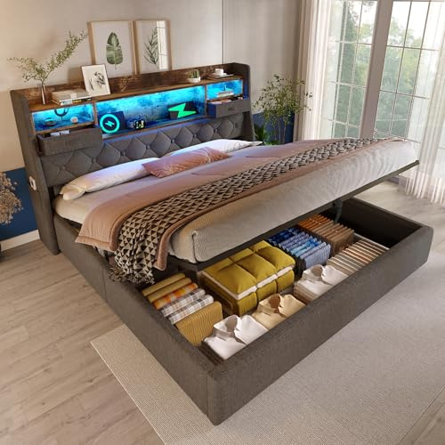 Zepneiy Bett 180 x 200 cm mit 4 USB Typ-C und LED-Kopfteil, Doppelbett mit hydraulischer Box und Lattenrost, gepolsterter Rahmen 180 x 200 cm, aus grauem Leinenstoff (ohne Matratze)