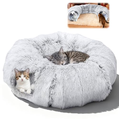 Tutamaz Katzentunnel, Große Donut Katzenspielzeug mit Schlafplatz, Weiches Katzenbett, Großer Katzentunnel mit 2 Eingängen Katzenhöhle, Spieltunnel Faltbarer Verstecktunnel für Katzen Kleintiere