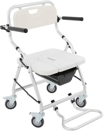 Faltbarer Toilettenstuhl, Mobiler Nachttoilettenstuhl für Die Innenduschrollstuhl, Duschtoilettenstuhl mit 4 Rädern bis 150kg für ältere Menschen Behinderte Schwangere