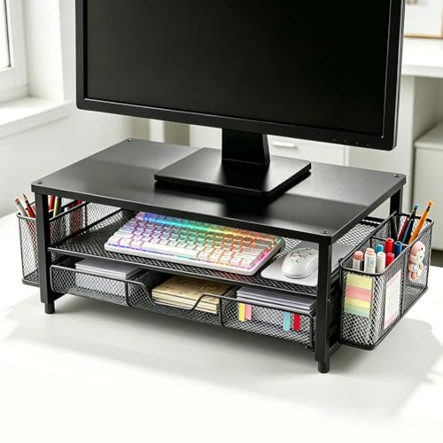 Supporto per monitor da scrivania con cassetto e 2 portapenne, supporto ergonomico per monitor e laptop, supporto da scrivania per accessori da ufficio, supporto per laptop con ventilazione (nero)