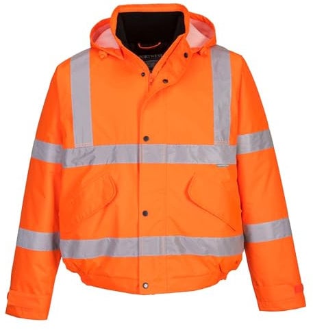 Portwest S463 Men's Hi-Vis Winter Bomber Jacket Waterproof Safety Cold Protection EN342 Certified Reflective Tape Texpel Eco Fabric Multiple Pockets Pack Away Hood, Orange, 3XL