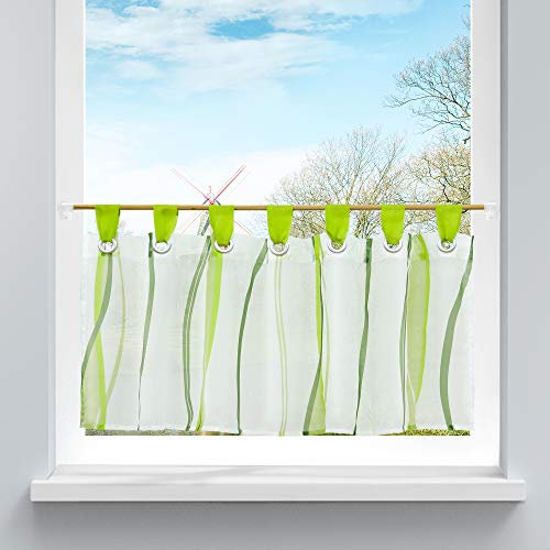 HongYa Scheibengardine transparenter Voile Bistrogardine mit Schlaufen Wellen Muster H/B 60/120 cm Grün