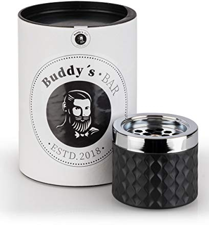 Buddy´s Bar – Windascher „Romeo“, hochwertiger Wind-Aschenbecher aus Glas mit Bajonettverschluss, Metall verchromt im gefrosteten Glas-Look, 9,5 cm x 9,5 cm x 8 cm, matt schwarz