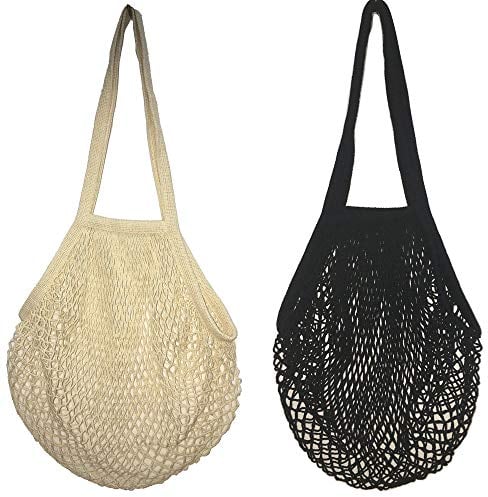 Bolsas de Malla Reutilizables,2 Pack Bolsa de Compra de Red de Algodón Grande Malla Compra de Malla con Asa Larga para Frutas Verduras de Mercado Blanco y Negro