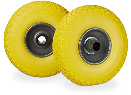 Relaxdays Set of 2 Hand Truck Spare Tyres, Flatproof, 3.00-4 Solid Rubber Wheel, 25mm Axle, 100kg, Yellow/Grey