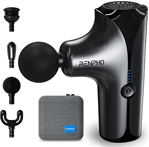 RENPHO Massagepistole, Mini Massage Gun, Tiefengewebe Percussion Muskel Massage Pistole mit 4 Köpfen und 5 Modi, tragbare Größe, lange Lebensdauer der Batterie, Geschenk für Mann, Frauen - Schwarz