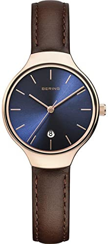 Bering Damen Quarz Uhr | Armbanduhr 26 mm Edelstahlgehäuse und Zifferblatt | Kalbslederarmband | Saphierglas | 3 ATM | 13328