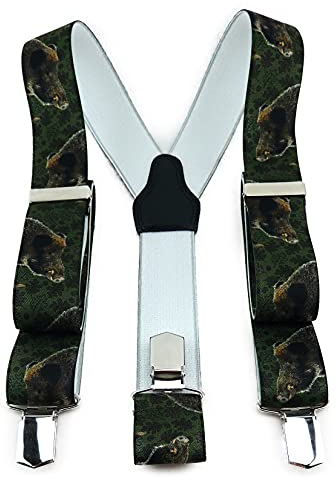TigerTie Unisex Hosenträger in Y-Form mit 3 extra starken Clips - Farbe in grün braun mit Wildschweinmotiv - hochwertige Verarbeitung - Breite 35 mm