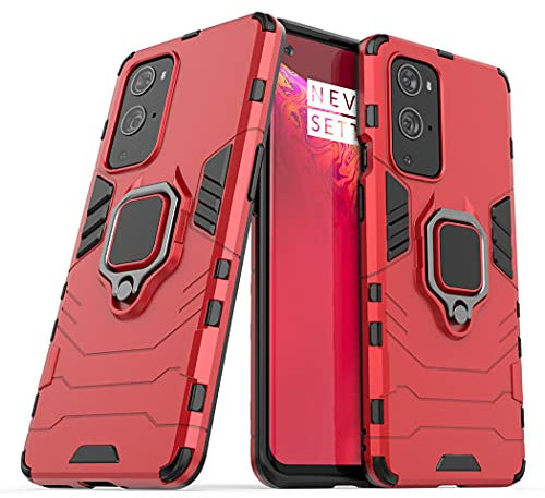 Compatibile con OnePlus 9 Pro 5G Cover, Custodia Armor Anello Cavalletto (Funziona con il Supporto Magnetico per Auto) Case Paraurti (Rosso)