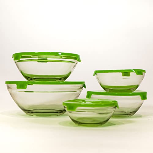 SANTA ANA Cuencos de cocina de cristal con tapa 5 piezas. Guarda alimentos. Color verde. Apto para lavavajillas