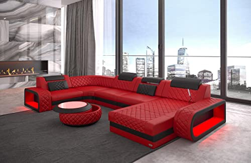 Wohnlandschaft Berlin U Form Leder mit Kopfstützen Sofa mit LED Beleuchtung Moderne Couch (Ottomane rechts, Rot-Schwarz)