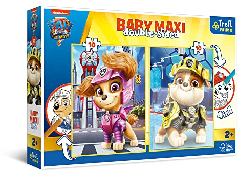 Trefl Primo - PAW Patrol Glückliches Team - 4 in 1: 2x10 große Puzzles, Zwei Malbücher auf der Rückseite, Bunte Puzzles mit Psi Patrol Charakteren, Spaß für Kinder ab 2 Jahren
