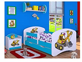 BDW Kinderbett mit Matratze und Bettkasten - NEU, 140/160/180/190 Verschiedene Motive Für Junge BLAU !!! (Bagger, 140x70)