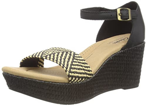 Clarks Women's Rose Ease Wedge Sandal, Cuir noir noir, 38 EU