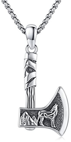 Viking Axe Pendant Necklace Celtic Wolf Sterling Silver Norse Tlisman Viking Jewelry Axe Warrior Hatchet Amult Necklace for Men Women, Sterling Silver, No Gemstone
