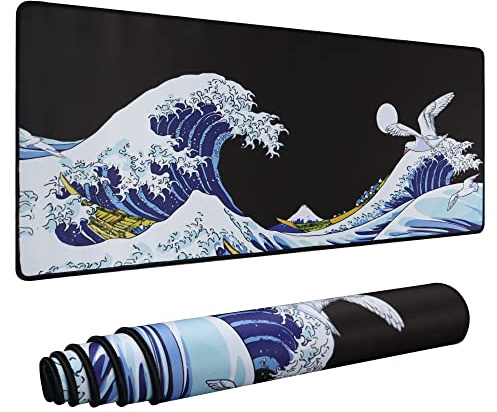 XVX Großes Gaming-Mauspad, Sea Wave Full Desk Japanisches Mauspad, verlängertes rutschfestes, wasserabweisendes Gummiunterseite, große Tastaturmatte, XL, XXL Gummi-Tischmatte für Gaming und Büro