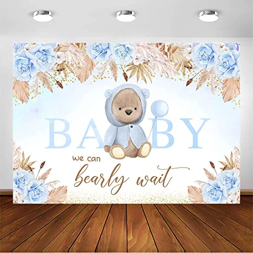 Avezano Boho Bär Babyparty Hintergrund We Can Bearly Wait Blau Floral Baby Shower Party Dekorationen für Jungen Pampasgras Fotografie Hintergrund (Blau, 2,1 x 1,5 m)