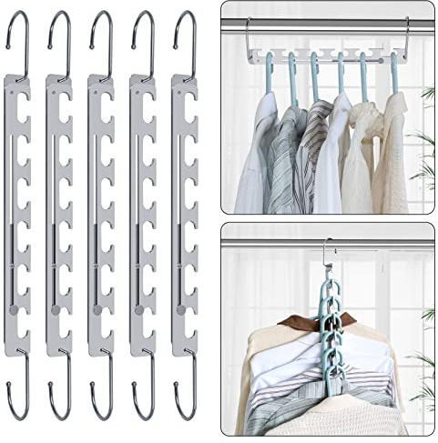 Sindax Kleiderbügel Platzsparend, Teleskopisch 6 auf 9 Löcher Metall Sehr Stark rutschfest Kann Schwere Kleidung Aufhängen Organizer Platz Sparen für Hosen Jeans Anzug und Kleider-5 Stücke Set