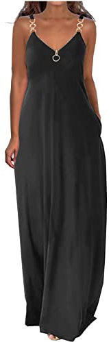 AMhomely Women Dress Summer Dresses Boho Solid Color Hoop Sling Beach Long Maxi With Pockets UK Ladies Party Club Cocktail Work Evening Gowns, Black, XXL