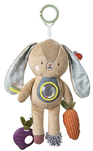 Taf Toys Jenny Bunny Sensory Activity Soft Toy. Cuddly Plush Sensory Stuffed Rabbit Toy. Fits to Cots, Pram, Pushchair and Car Seat with Teether & Rattle. Suitable for Baby Boys & Girls 0 Months +