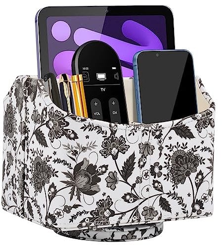 Leather Remote Control Holder 360°Rotatable,Bedside Nightstand Phone Caddy,Office Supplies Storage Box,Desk Organizer for TV Remote Controllers,CD,Pen,Mail,Media Player,Tablets (Black Flower)