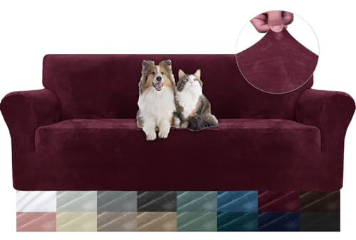 YSTELLAA Samt Sofa Überzug 3 Sitzer, Stretch Sofabezug, Sofaschoner rutschfest, Elastischer Couch Überzug, Sofa Cover Mit Armlehnen, Couchüberzüge Sofaschutz Katze, Weinrot