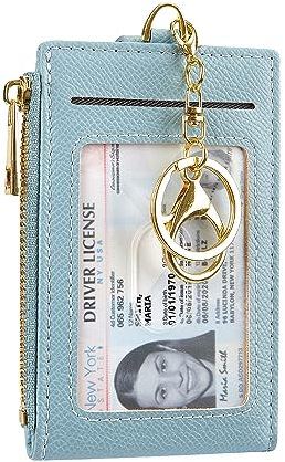 Cynure Kartenhalter für Damen und Herren, Leder, RFID-blockierend, schmal, klein, Reißverschluss, Schlüsselanhänger, Vordertasche, Geldbörse mit 2 Ausweisfenstern, Hell, blau, Einheitsgröße,