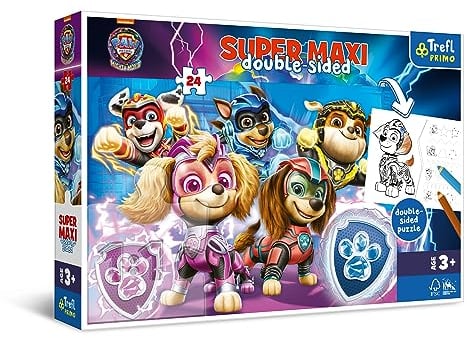 Trefl Primo - PAW Patrol: The Mighty Movie: PAW Patrol in Aktion - 3in1: Puzzle 24 Große Elemente, Malvorlage, Buntes Puzzle mit Helden der Fernsehserie, für Kinder ab 3 Jahren