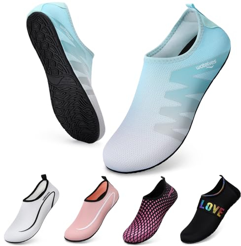 WateLves Wasserschuhe Badeschuhe Damen Herren Aquaschuhe Strandschuhe Schnell Trocknend Slip on Breathable Surfschuhe Unisex Schwimmschuhe für Beach Pool Surfen Yoga Grau Blau 40/41