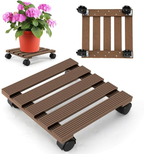 Ikodm 1X WPC Pflanzenroller Eckig 30 x 30 cm｜Blumenroller mit Rollen, Rolluntersetzer Tragkraft 80 kg｜Kübelroller für den Innen- und Außenbereich｜Rollbrett für Pflanzen, Blumentopf (Braun)