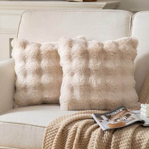 Joyouth 2er Set Plüsch Kissenbezug Dekorativ Sanft Kurze Wolle Samt Zierkissenbezüge Luxus Square Kissenhülle für Sofa Couch Wohnzimmer 45x45 cm Beige