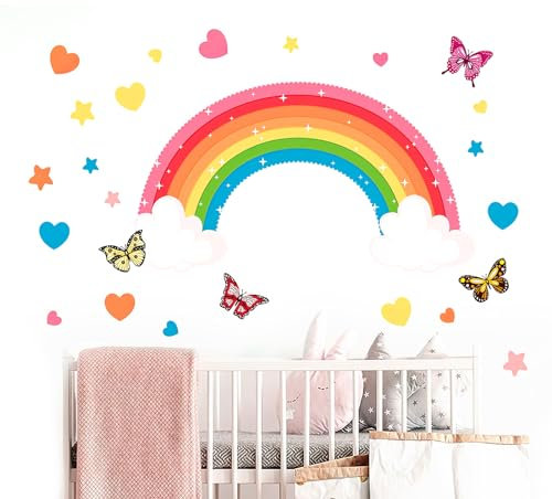 DHWEKU Wandtattoo Regenbogen Wandaufkleber Wolken Schmetterlinge Mädchen Wandsticker Wanddeko für Mädchenzimmer Kinderzimmer Babyzimmer