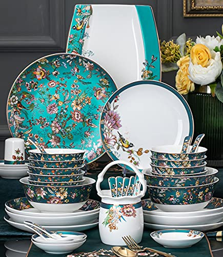 72-teiliges Geschirrset aus Keramik mit Knochenporzellan, Geschirrset aus Porzellan, Blumenmuster, Elegantes Speisetellerset, Geschirr-Kombi-Set
