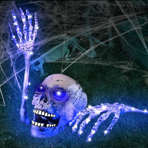 Leuchtende Totenkopf Set, Halloween Skelett Deko, 1 Totenkopf, 2 Schädel Hände, Lichterkette + Spinnenweben Deko, Realistische Halloween Grausigkeit, Dekoration für Gruselparty